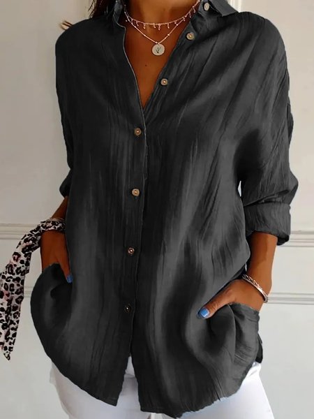 

Women's Long Sleeve Shirt Spring/Fall Plain Cotton Shirt Collar Daily Going Out Casual Top, Black, Shirts