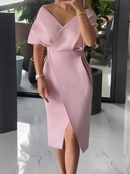 

Elegant Cross Neckline Midi Dress, Pink, Midi Dresses