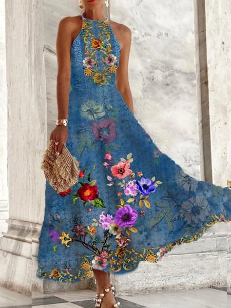 

Women Floral Crew Neck Sleeveless Comfy Casual Buckle Maxi Dress, Blue, Dresses