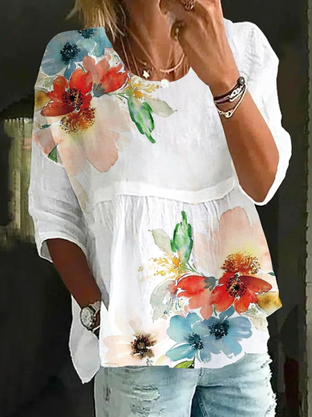 

Crew Neck Casual Loose Floral Blouse, White, Blouses & Shirts