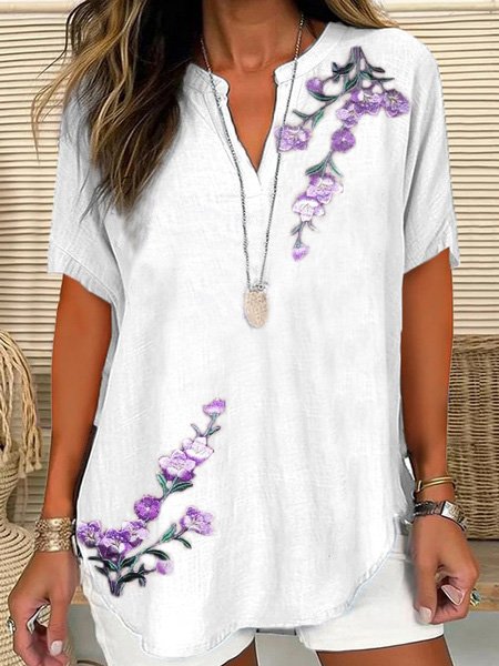

Casual Loose Embroidery Patterns Shirt, White, Blouses & Shirts