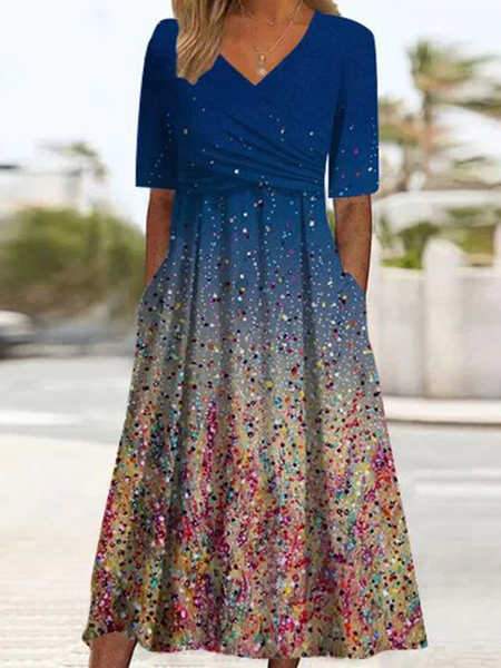 Women Ombre V Neck Short Sleeve Comfy Casual Maxi Dress, Blue, Dresses