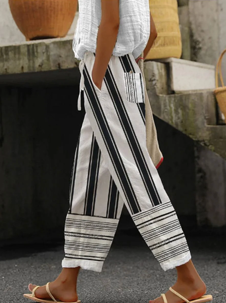 

Casual Striped Long Buckle Pant, Black, Pants