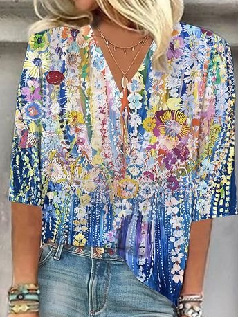 

V Neck Half Sleeve Floral Lace Regular Loose Blouse For Women, Blue, Blouses