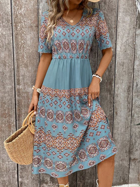 

Women's Short Sleeve Summer Ethnic V Neck Daily Going Out Casual Midi H-Line Light Blue, Dresses