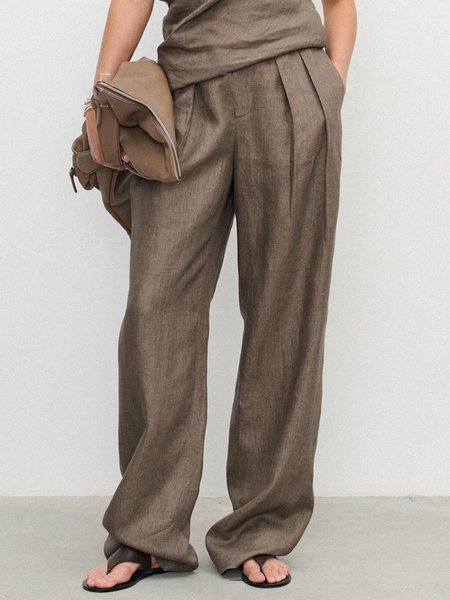 Urban High Waist Plain Fashion Wide Leg Pants, Light coffee, Pants