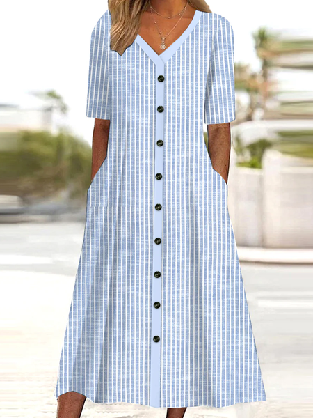 

Women's Short Sleeve Summer Striped Buckle Cotton Dress V Neck Daily Going Out Casual Midi A-Line Blue, Dresses