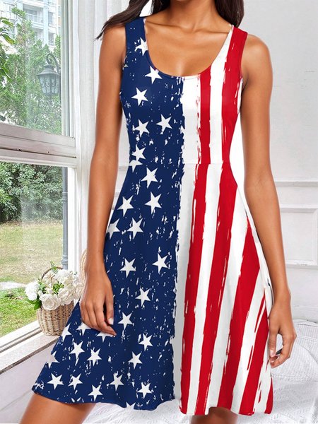 Women Independence Day (Flag) Crew Neck Sleeveless Comfy Simple Midi Dress, Blue, Midi