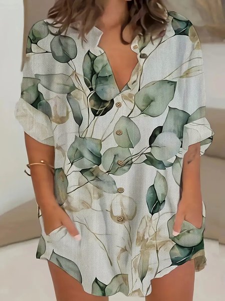 

Leaf Loose Vacation Shawl Collar Shirt, As picture, Blouses & Shirts