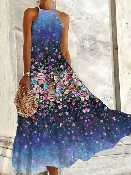 

Women Floral Halter Sleeveless Comfy Casual Buckle Maxi Dress, Blue, Dresses