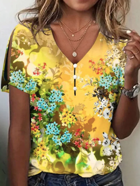 

V Neck Short Sleeve Floral Regular Loose Blouse For Women, Yellow, T-shirts