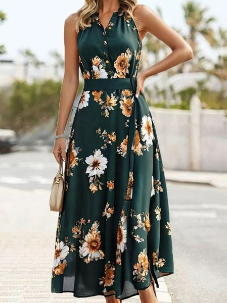 

Women's Sleeveless Summer Floral V Neck Daily Going Out Vacation Maxi X-Line Dark Green Dress, Dresses