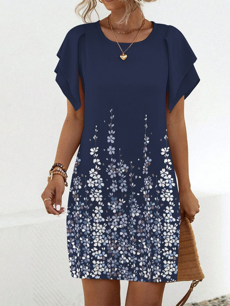 

Women's Short Sleeve Summer Floral Crew Neck Bell Sleeve Daily Going Out Casual Mini H-Line T-Shirt Dress Dark Blue, Dresses