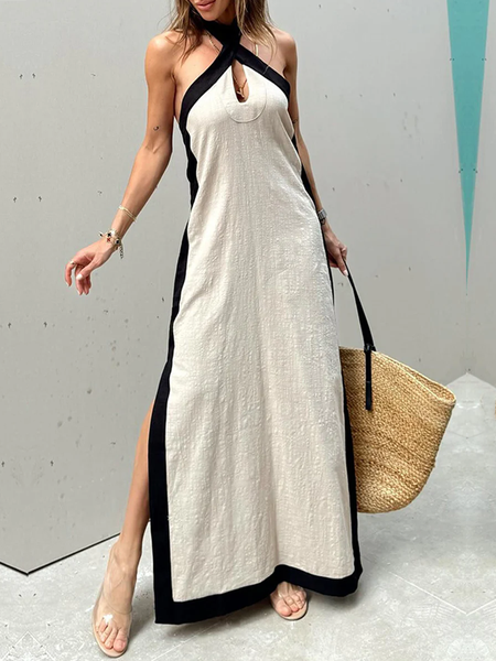 

Vacation Cross Neck Regular Fit Sleeveless Maxi Dress, Apricot, Maxi Dresses