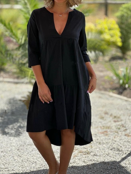 

Women Plain V Neck Three Quarter Sleeve Comfy Casual Midi Dress, Black, Dresses