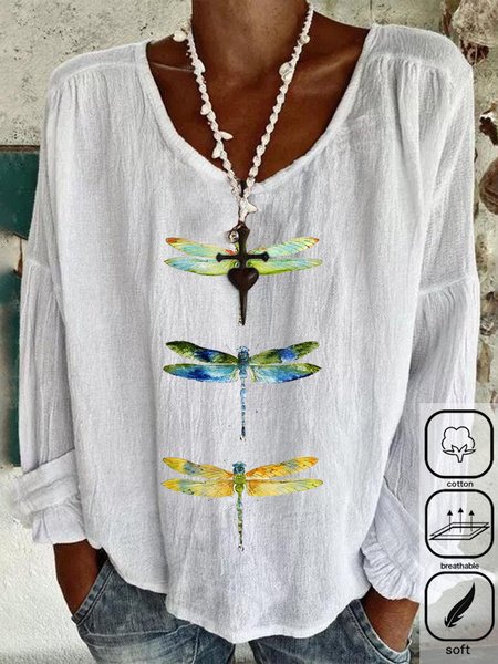 

Cotton Loose Casual Dragonfly Blouse, White, Blouses & Shirts