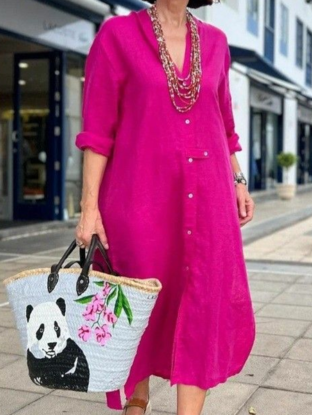 

Women Plain V Neck Long Sleeve Comfy Casual Midi Dress, Rose red, Dresses