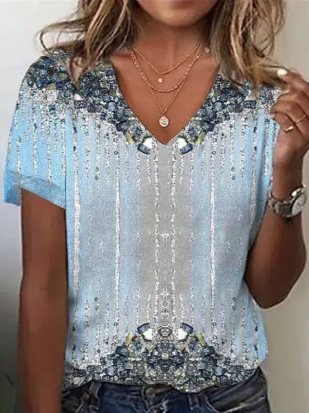 

V Neck Short Sleeve Random Print Regular Loose Blouse For Women, Blue, T-shirts