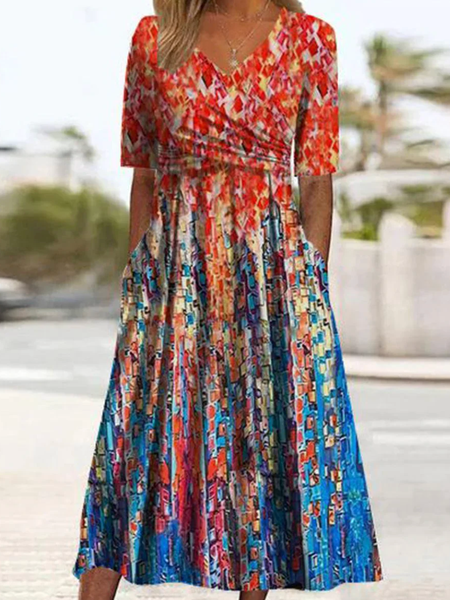

Women Random Print V Neck Short Sleeve Comfy Casual Buckle Maxi Dress, Multicolor, Dresses