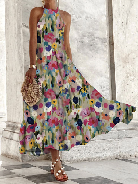 

Women Floral Crew Neck Short Sleeve Comfy Casual Maxi Dress, Multicolor, Dresses