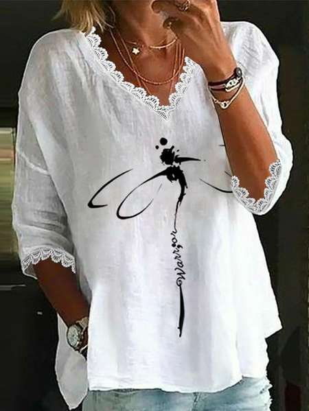 

Women's 3/4 Sleeve Blouse Summer Dragonfly Cotton Lace V Neck Daily Going Out Casual Top White, Blouses