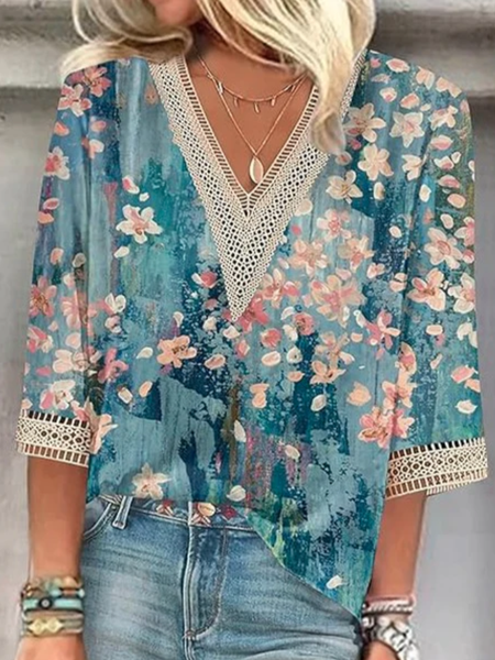 

V Neck Half Sleeve Floral Regular Loose Shirt For Women, Blue, Blouses
