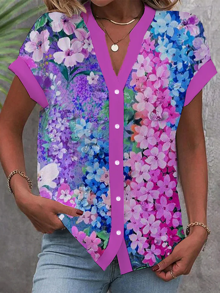 

Notched Short Sleeve Floral Regular Loose Shirt For Women, Purple, Blouses