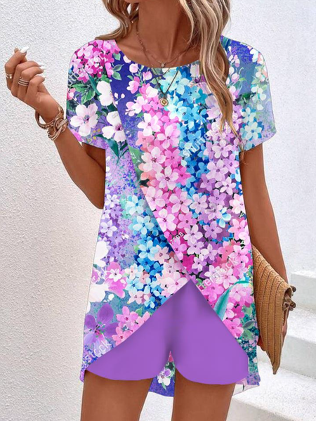 

Women Floral Crew Neck Short Sleeve Comfy Casual Top With Skirt Two-Piece Set, Multicolor, Sets