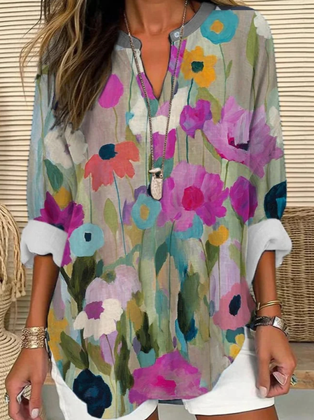 

Notched Long Sleeve Floral Regular Loose Blouse For Women, Multicolor, Blouses