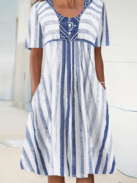 

Women Striped V Neck Short Sleeve Comfy Casual Midi Dress, Blue, Dresses