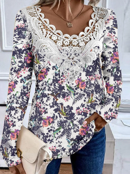 

V Neck Long Sleeve Floral Lace Regular Micro-Elasticity Loose Blouse For Women, Multicolor, Blouses
