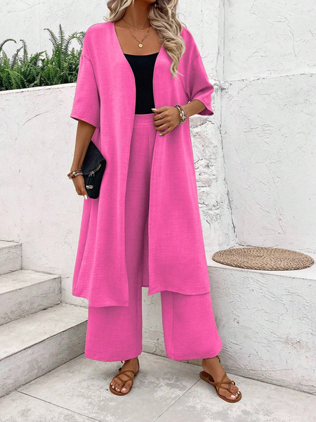

Women Plain Short Sleeve Comfy Casual Top With Pants Two-Piece Set, Rose red, Sets