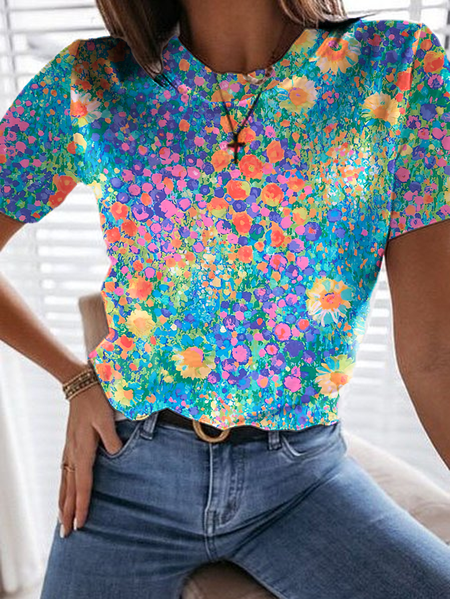 

Crew Neck Casual Floral T-Shirt, Multicolor, T-shirts