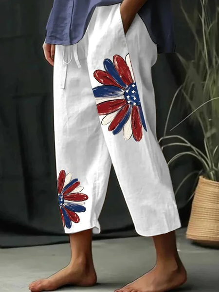 

Loose Chrysanthemum Casual Pants, White, Pants