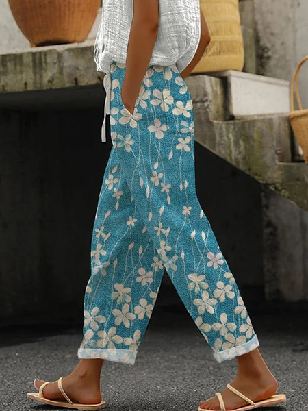 

Casual Floral Long Lace Pant, Blue, Pants