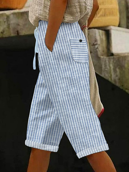 

Women's Casual Striped Design Straight Pants, Blue, Shorts