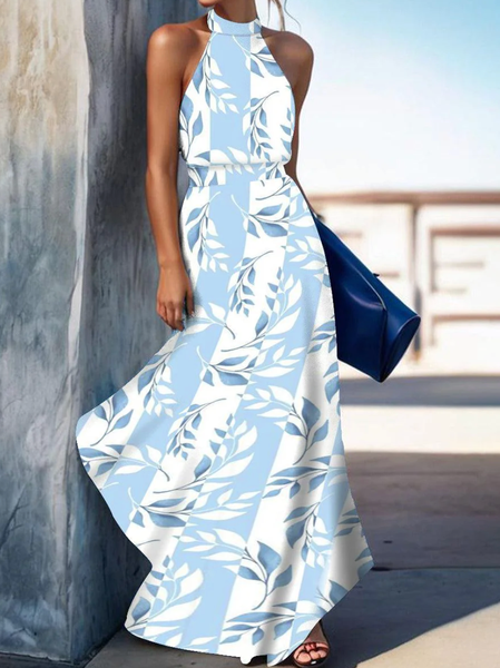 

Women Floral Crew Neck Sleeveless Comfy Casual Maxi Dress, Blue, Dresses