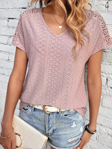 

Casual Plain V Neck Short Sleeve T-shirt, Pink, Blouses