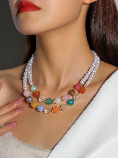 

Imitation Pearl Crystal Beaded Double-layer Necklace, As picture, Necklaces
