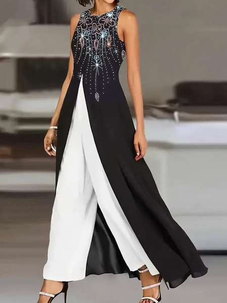 

Women Black And White Colorblock Crew Neck Sleeveless Comfy Casual Top With Pants Two-Piece Set, Sets