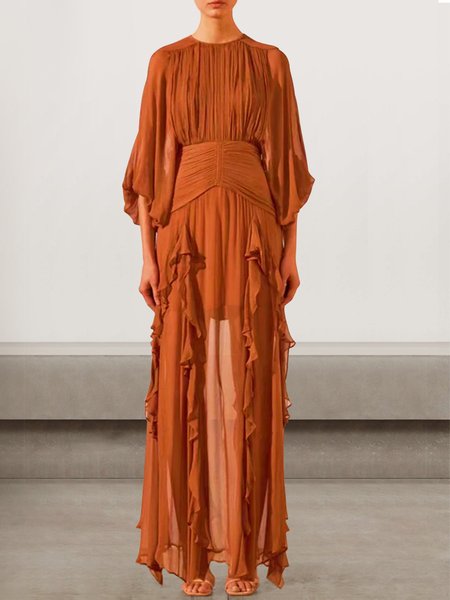 

Women Polka Dots Crew Neck Half Sleeve Comfy Sexy Maxi Dress, Orange, Dinner dress