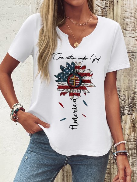 

Casual Independence Day (Flag) Notched Short Sleeve T-shirt, White, T-shirts