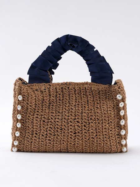 

Vacation Imitation Pearl Decor Ruched Straw Handbag, Brown, Bags