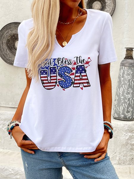 

Casual America Flag Notched Short Sleeve T-shirt, White, T-shirts