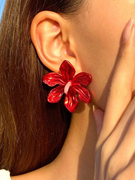 

1pair Flower Metal Earrings, Red, Earrings