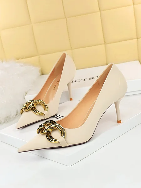 Minimalist Metal Chain Decor Stiletto Heel Pumps, Beige, Heels