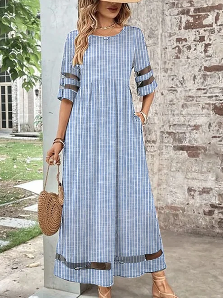 

Women Striped Crew Neck Short Sleeve Comfy Casual Maxi Dress, Blue, Dresses