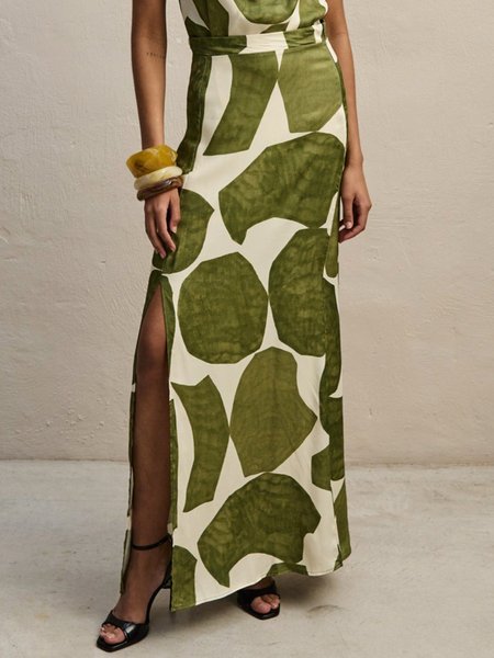 High Waist Geometric Vacation Slit Skirt, Green, Skirts