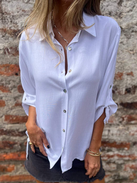 

Women's Long Sleeve Shirt Spring/Fall Plain Shirt Collar Daily Going Out Casual Top White, Shirts