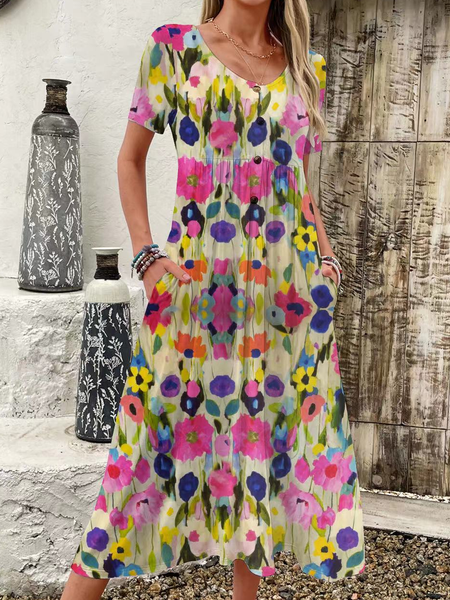 

Women Floral V Neck Short Sleeve Comfy Casual Maxi Dress, Flower, Dresses